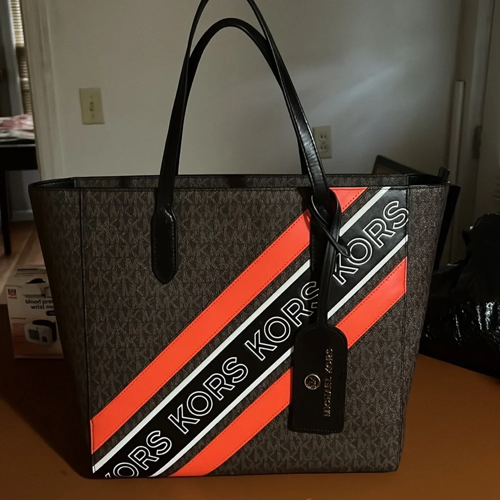 Michael Michael Kors Brown/Black/Orange Large Sinclair Logo Tape Tote - Picture 8 of 12